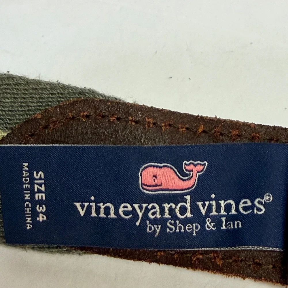 Vineyard Vines Mens Size 34 Striped Canvas Leather Belt Green Tan Preppy Whale